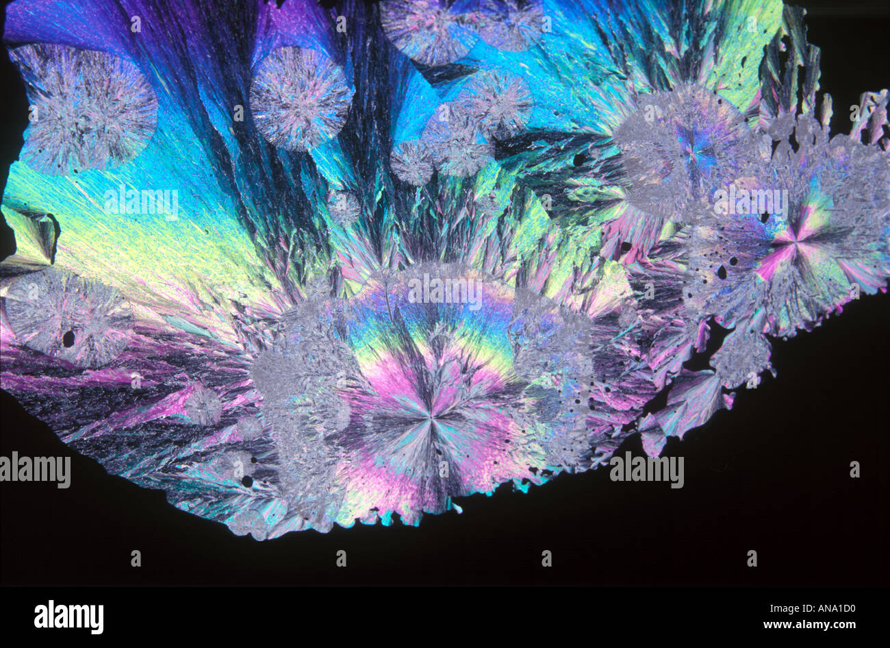 menthol crystals in polarised light Stock Photo