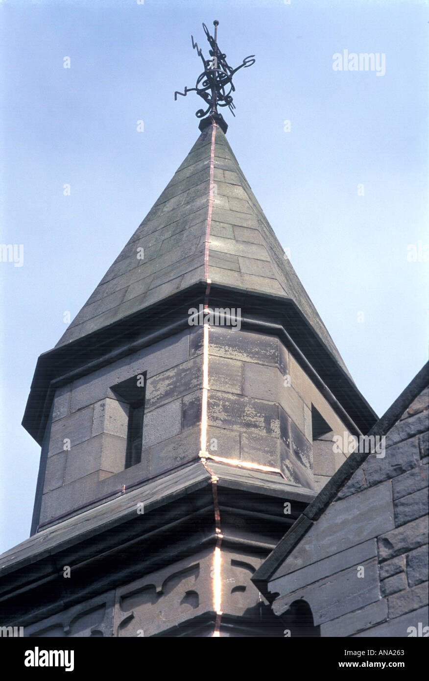 a shiny new copper lightning conductor on a church Stock Photo Alamy
