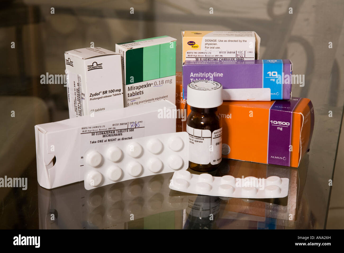 Various prescribed tablets and drugs (for the treatment of Fibromyalgia) Stock Photo