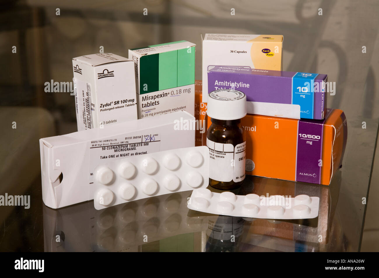 Various prescribed tablets and drugs (for the treatment of Fibromyalgia) Stock Photo