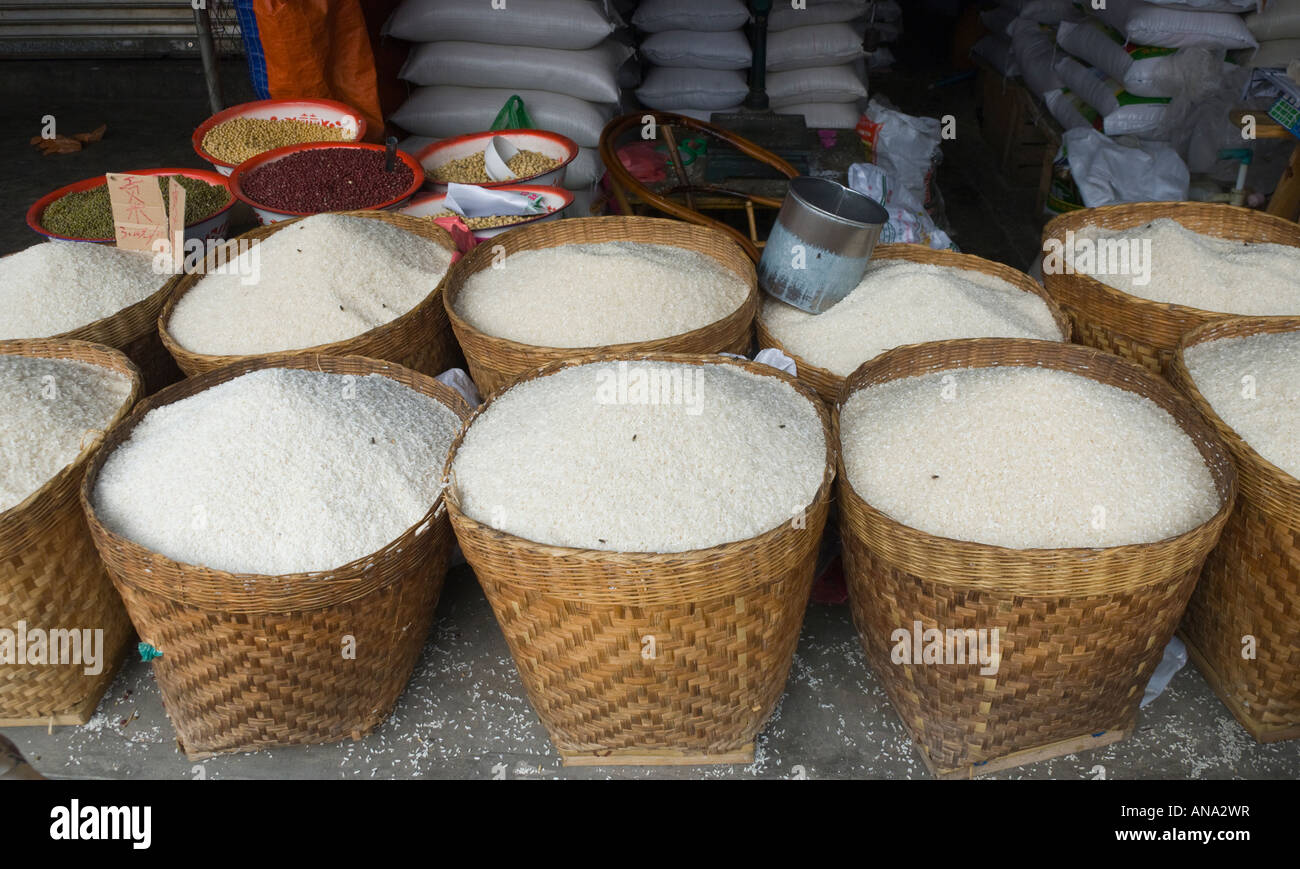 China Yunnan Ruili border town local food market Rice in baskets for ...
