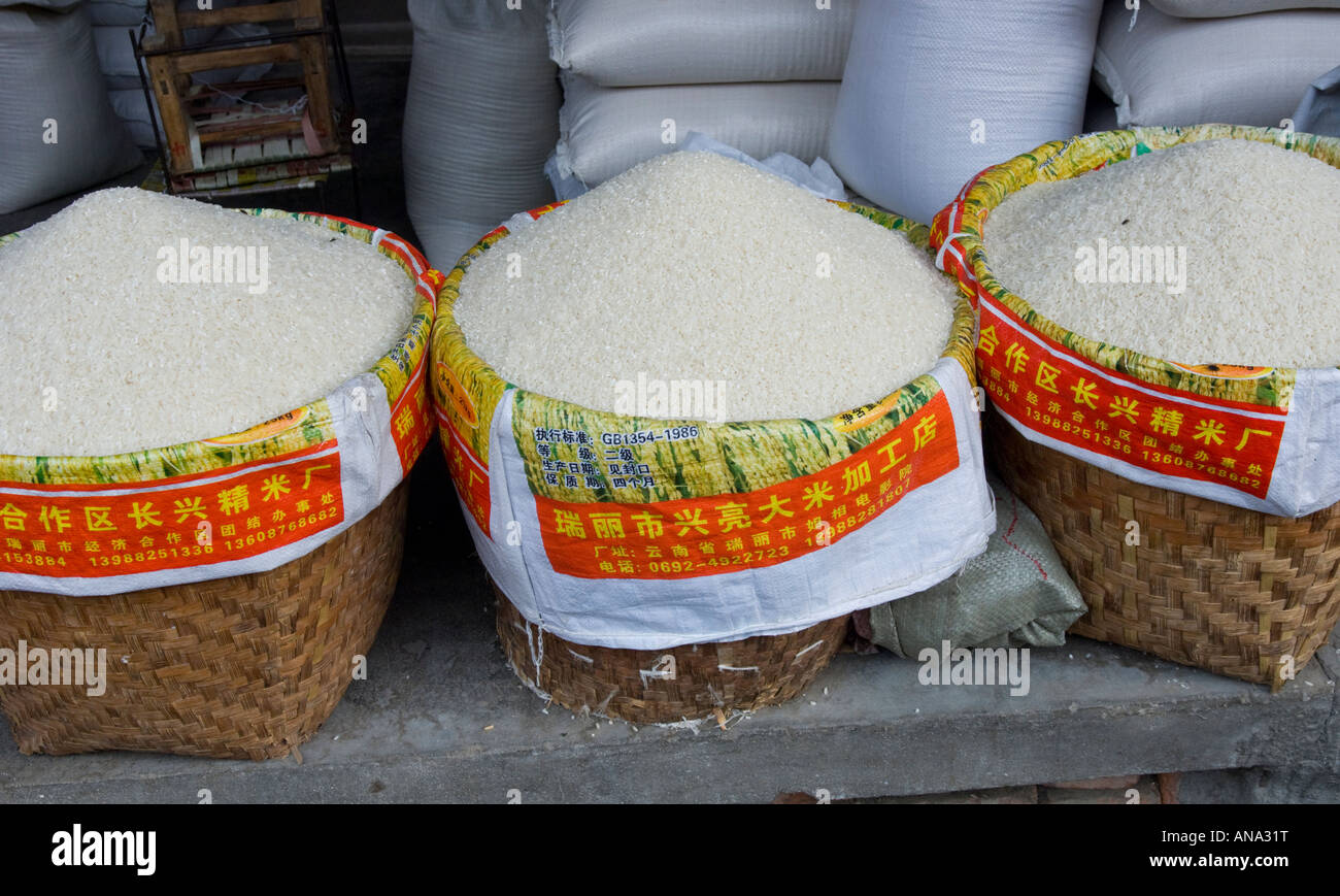 China Yunnan Ruili border town local food market Rice in baskets for ...