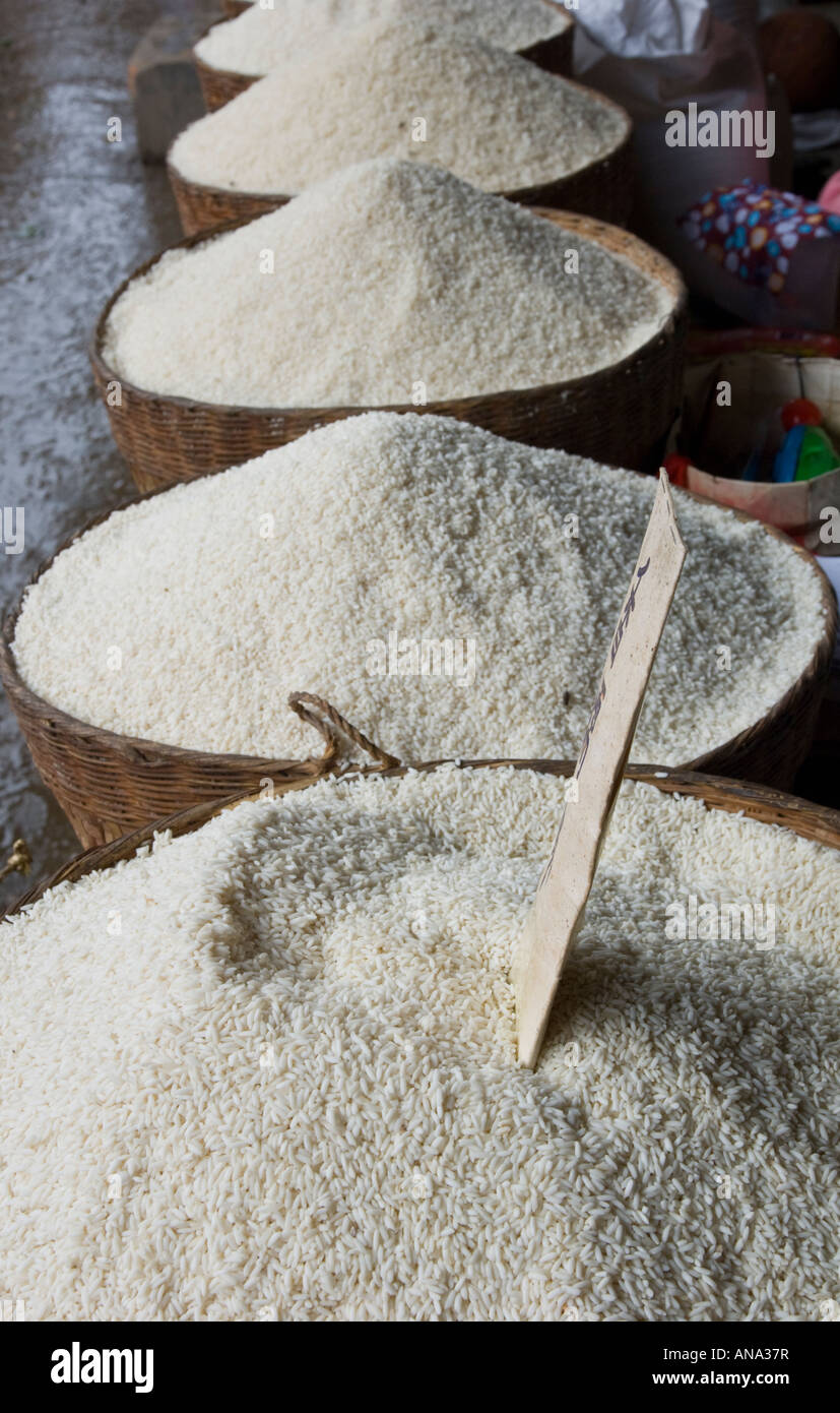 China Yunnan Ruili border town local food market Rice in baskets for ...