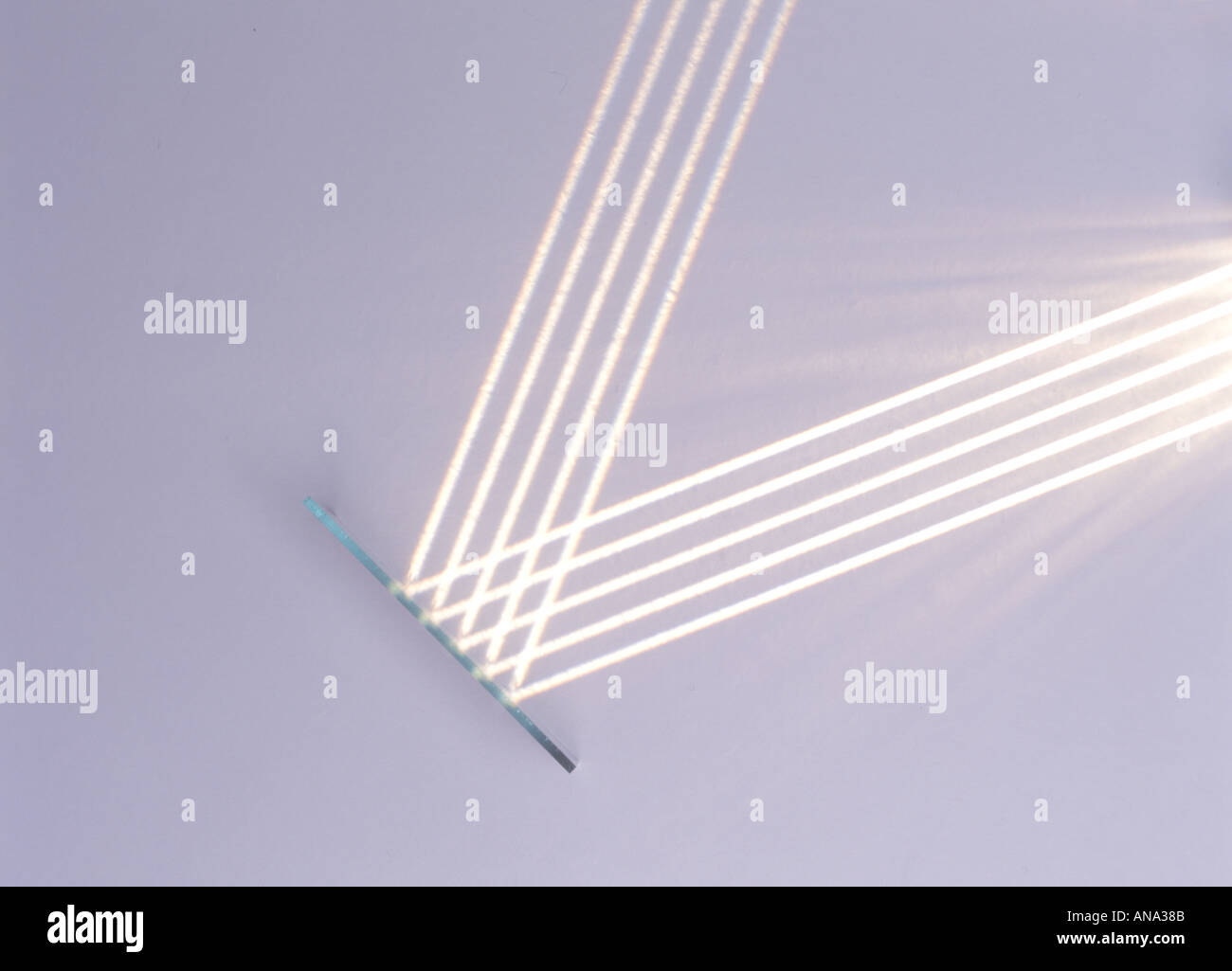 five rays of white light reflected at an angle from a plane mirror