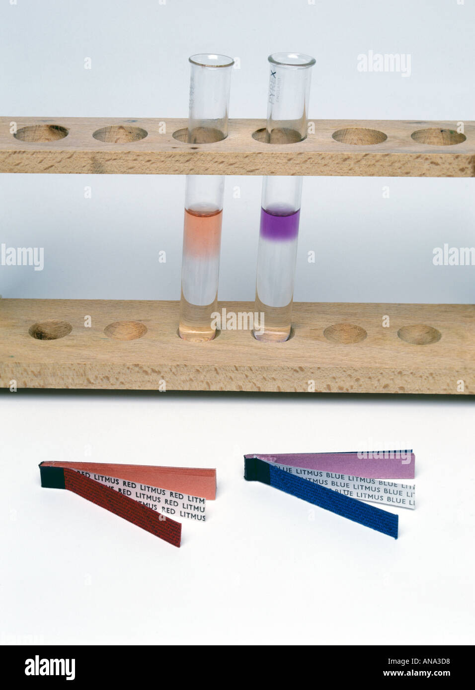 red and blue litmus paper and litmus in test tubes Stock Photo