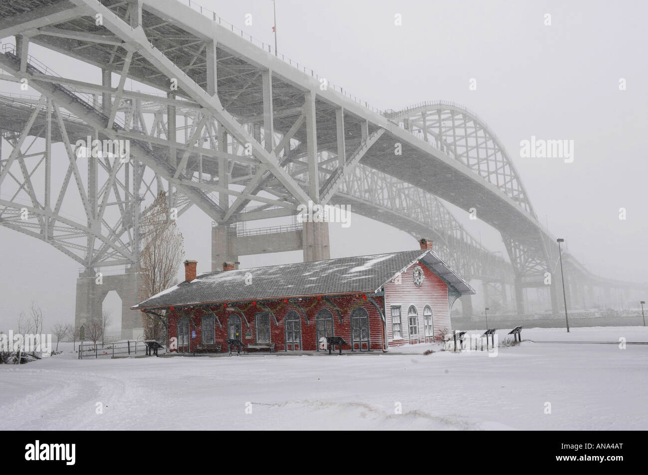 Thomas Edison Museum train depot during winter storm at Port Huron Michigan at the Blue Water International Bridge Stock Photo