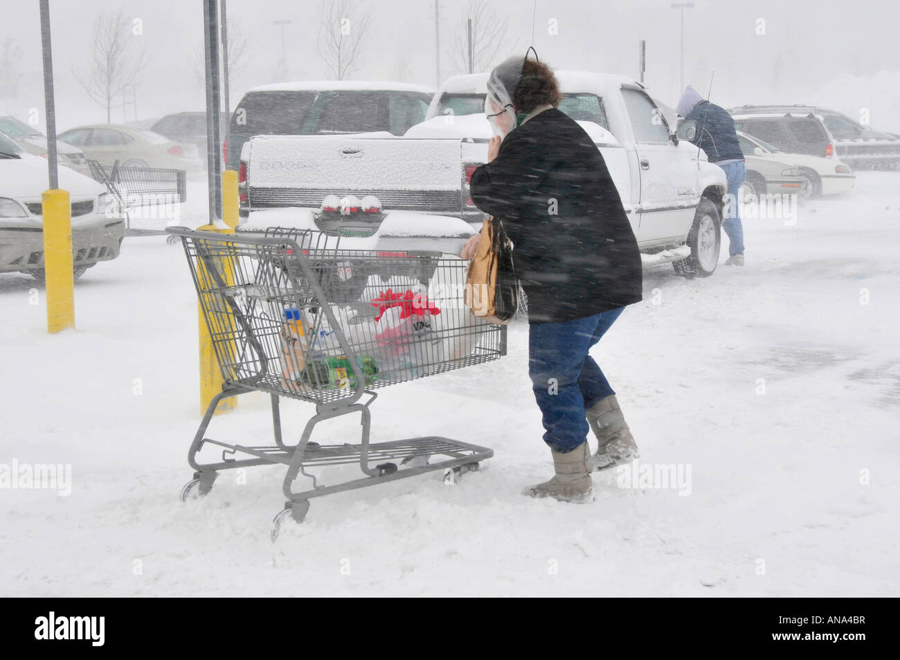 Grocery shopping during a winter snow storm during the Winter season in