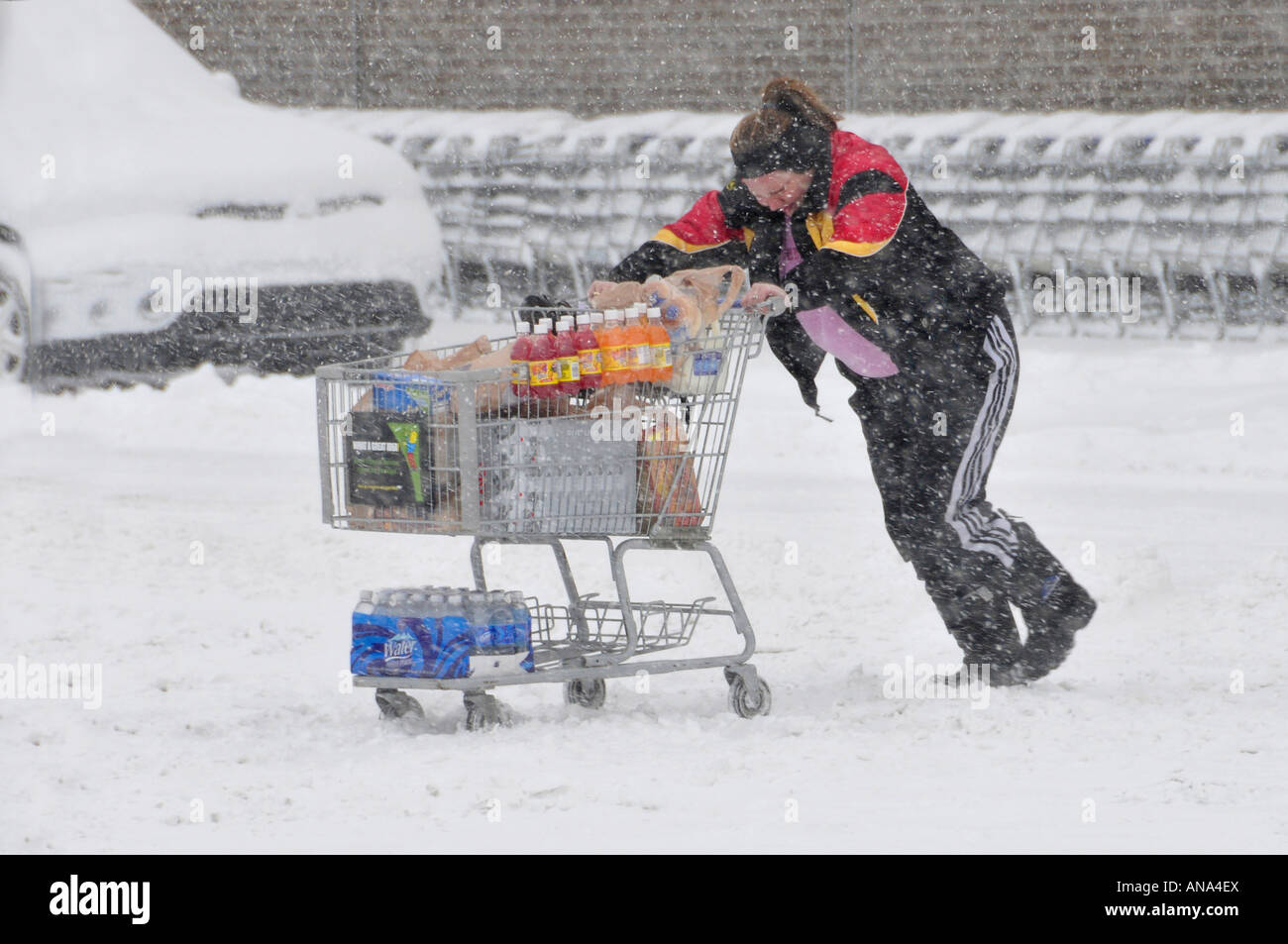 Grocery shopping during a winter snow storm during the Winter season in