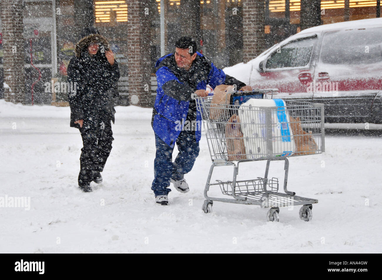 Grocery shopping during a winter snow storm during the Winter season in