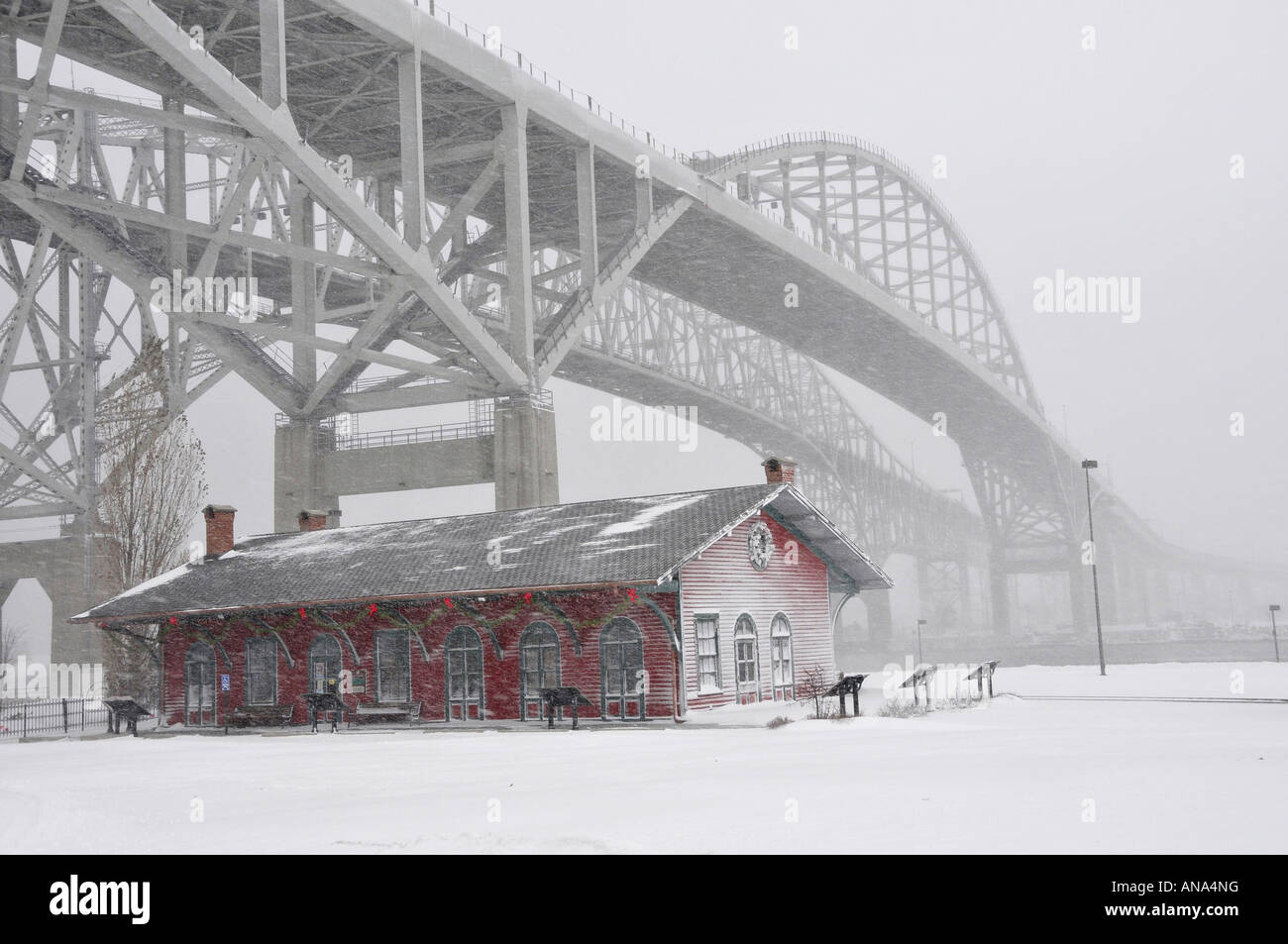 Winter season at the Blue Water Bridge of Port Huron Michigan Stock Photo