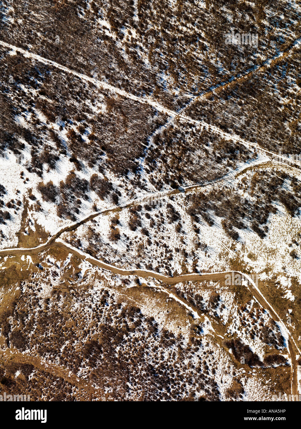 Aerial view of snow covered rural Colorado scenic Stock Photo