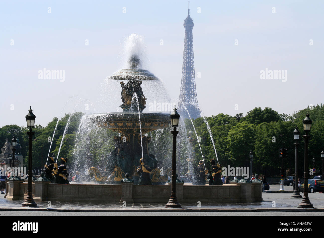 Fountains and statues on the Place de la Concorde with Eiffel Tower, Paris Stock Photo