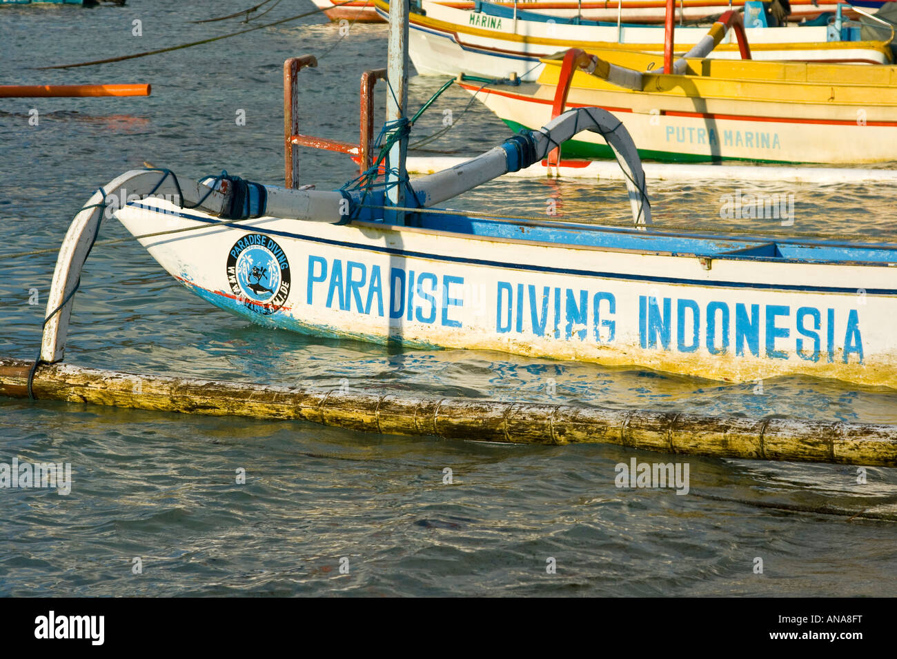 Dive Boat Outrigger Canoe Padang Bai Bali Indonesia Stock Photo