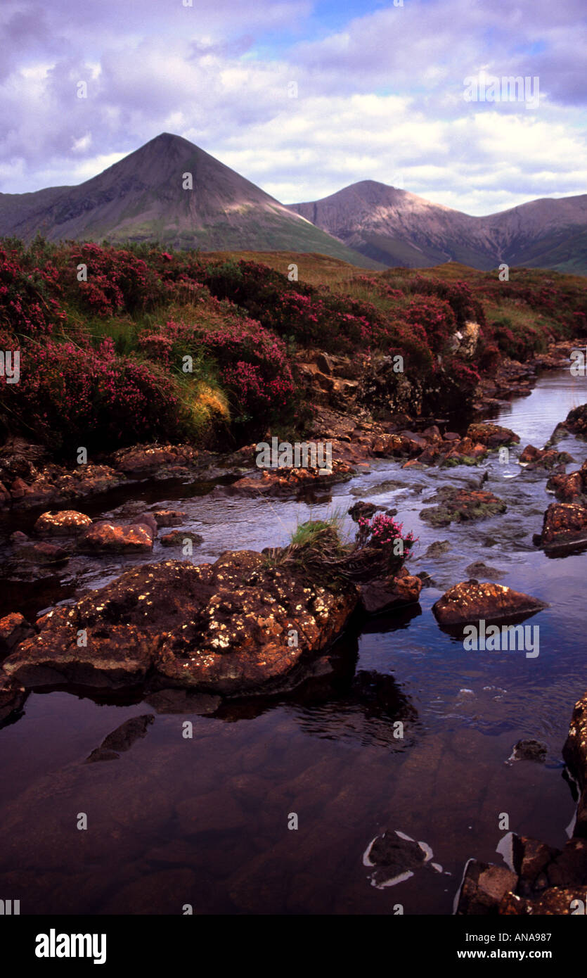 Isle of Skye Scotland scenery with river and Cuillins behind Stock Photo