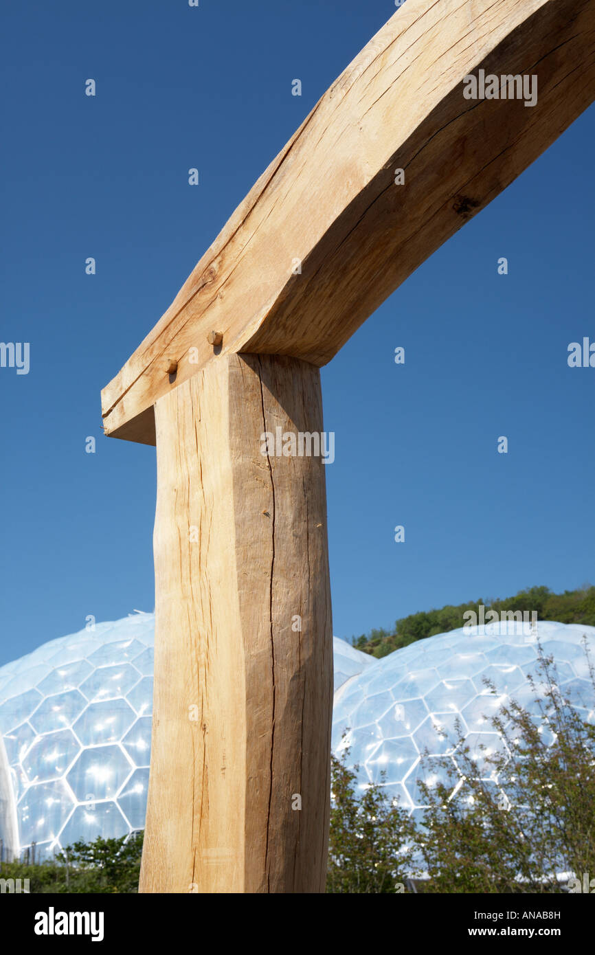 Wooden mortice and tenon joint at the Eden Project in Cornwall county England UK Stock Photo