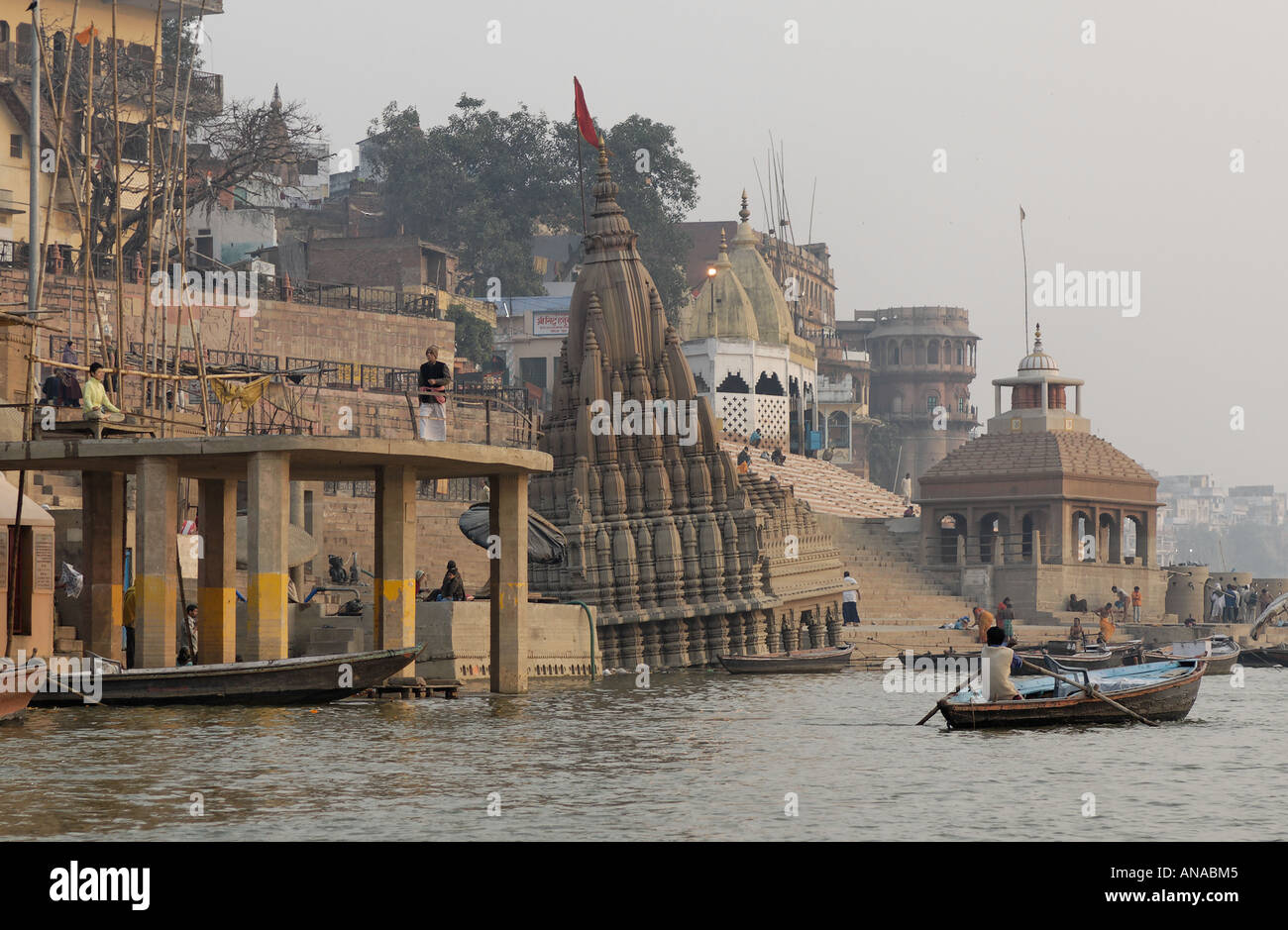 Temple falling into the Ganges at Varanasi Stock Photo