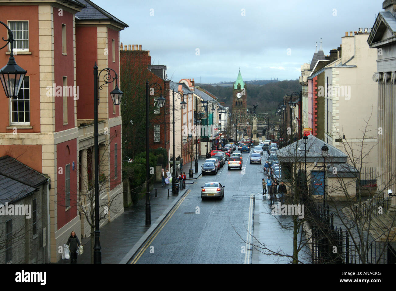 view along Bishop Street from the historic walls of Derry / Londonderry, Northern Ireland, UK Stock Photo