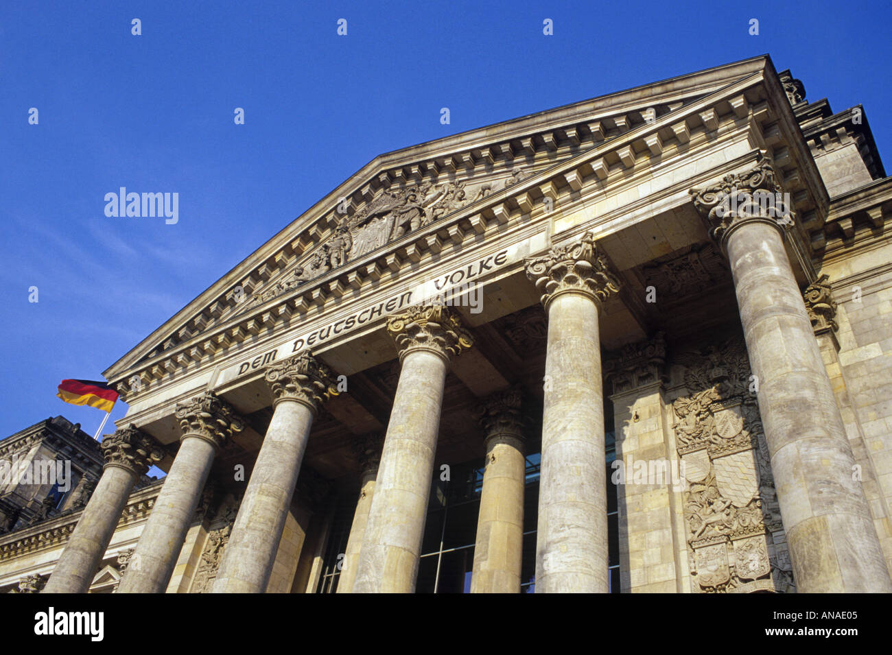 A low angle view of the facade of the Reichstag building in Berlin Germany Stock Photo