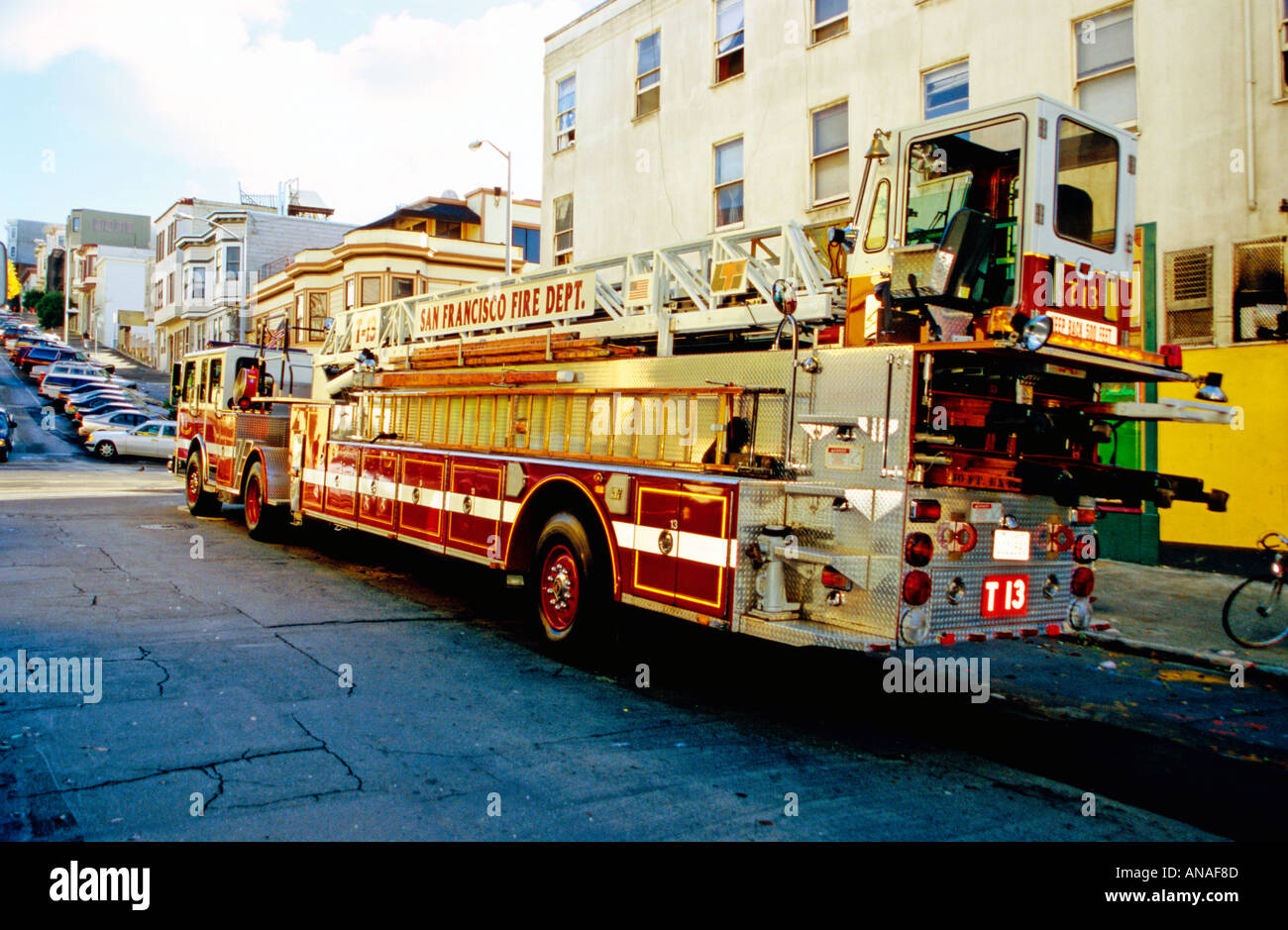 An aerial platform fire truck parked in a side street, San Francisco