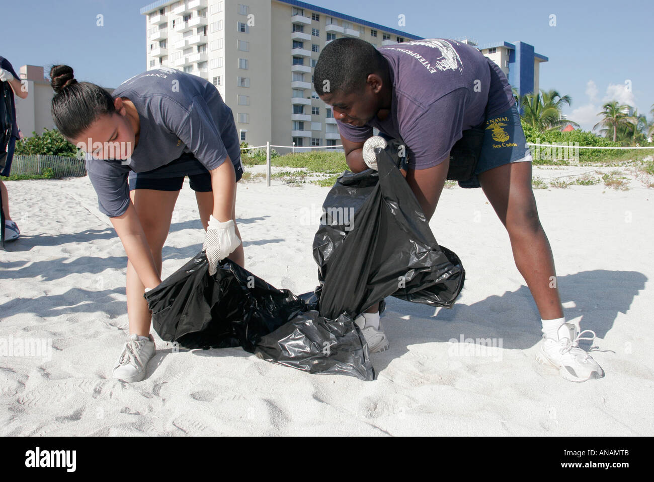 Miami Beach Florida,Coastal Cleanup Day,community service,US Naval Sea water Cadet volunteer volunteers community service volunteering work worker wor Stock Photo