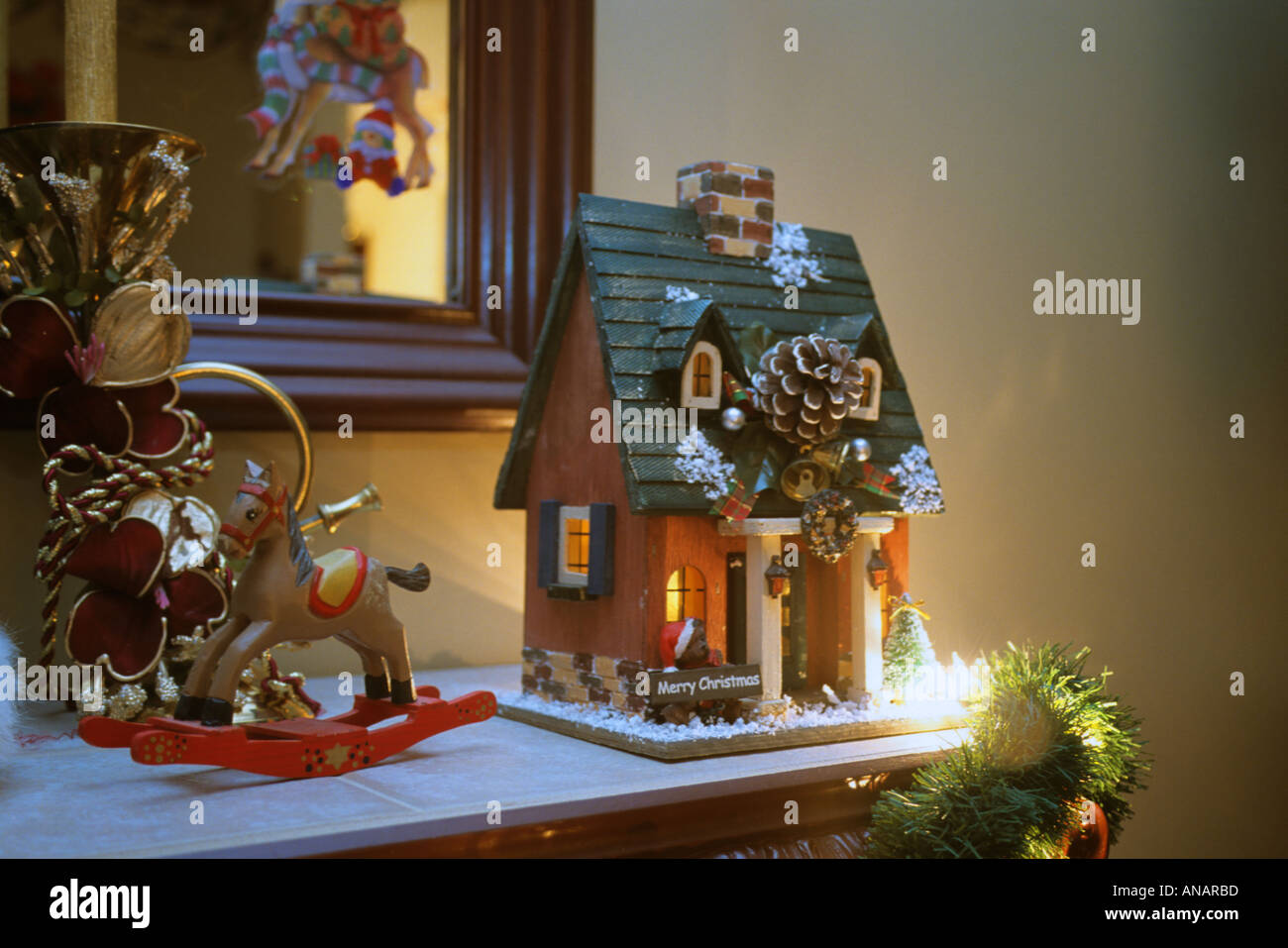 Still Life Of Christmas Decorations On Fireplace Mantle Stock