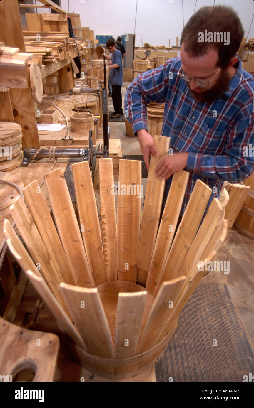 Maine,ME,New England,Androscoggin County,Lewiston,Maine Bucket,wood products,manufacture,assembly,factory,barrel,man men male,worker,workers,working,w Stock Photo