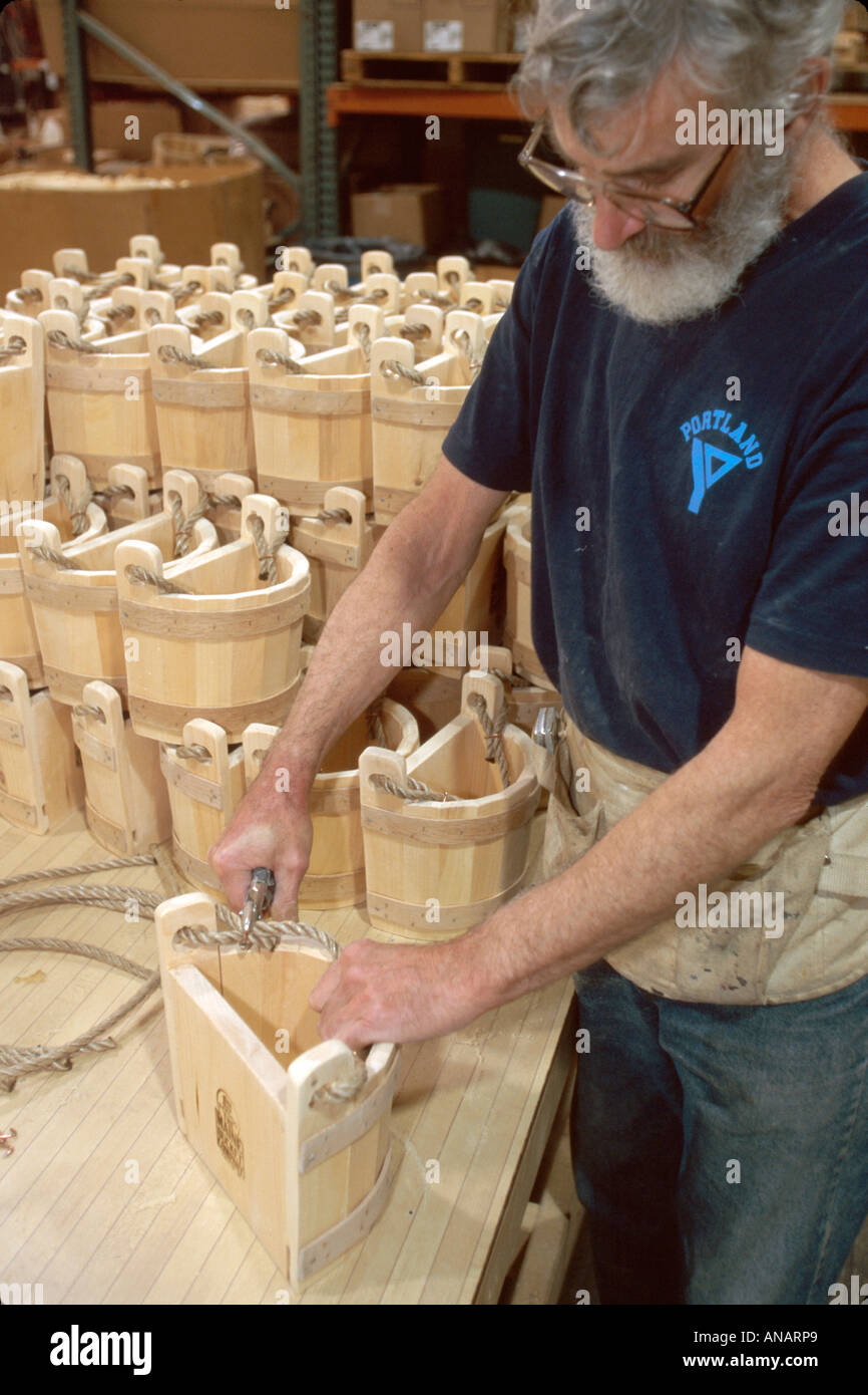 Maine,ME,New England,Androscoggin County,Lewiston,Maine Bucket,wood products,manufacture,buckets,man men male,working,work,employee worker workers sta Stock Photo