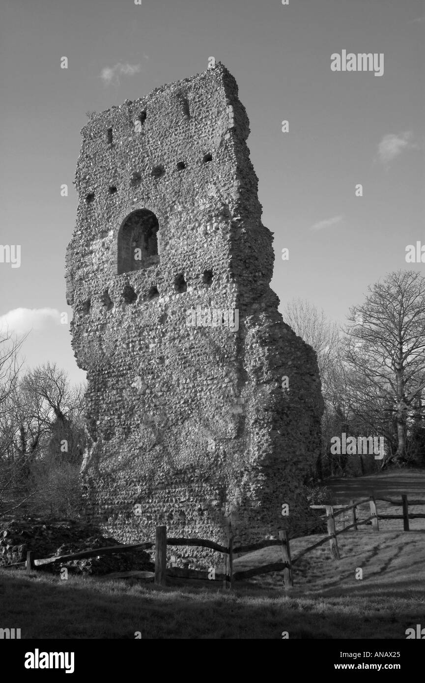 Ruins of Bramber Castle Sussex pictured in black and white. Bramber Castle was built by William de Braoise in the 11th century Stock Photo