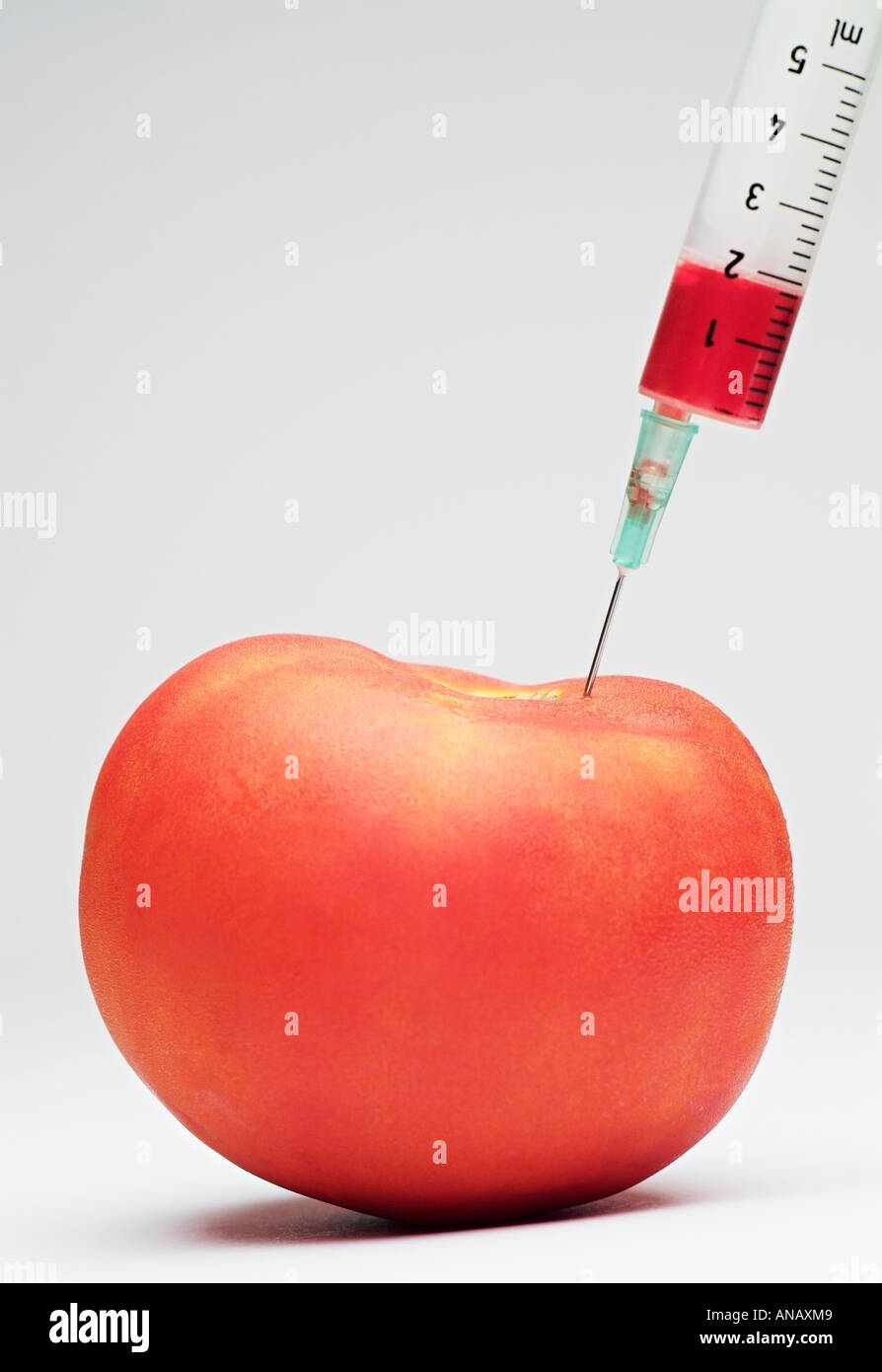 Syringe Injecting a Tomato Stock Photo