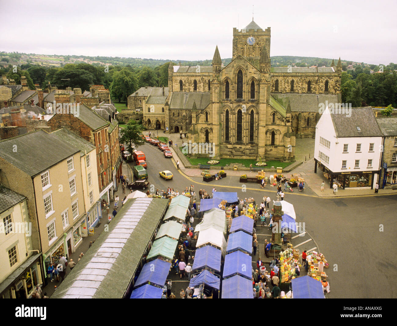 Hexham Abbey and Market Northumberland, stalls town scene townscape
