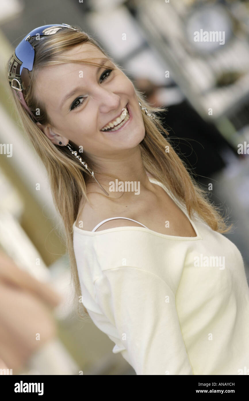 pretty blond woman laughing Stock Photo