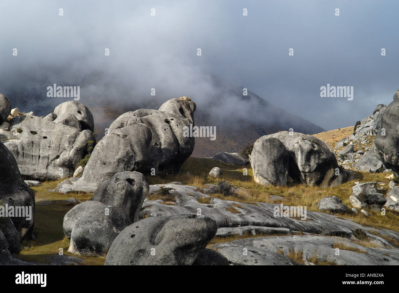 Rock formations made of sandstone, Kura Tawhiti Conservation Area, Castle Hill, road to the Arthurs Paß, South Island Stock Photo