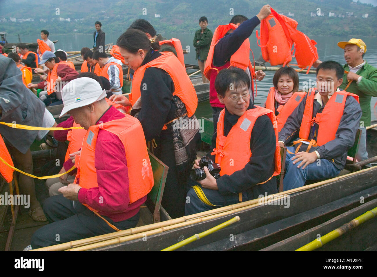 Passengers preparing for Shennong Stream boat excursion. Stock Photo