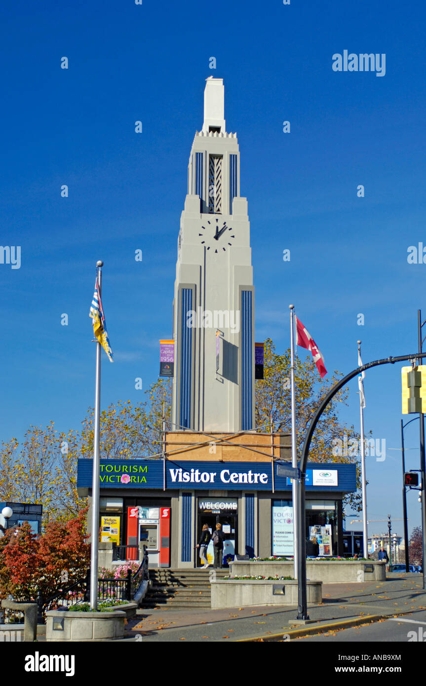 New clock atop the Art Deco tower of the Tourist Information Centre located at the Inner Harbour Victoria BC Canada Stock Photo