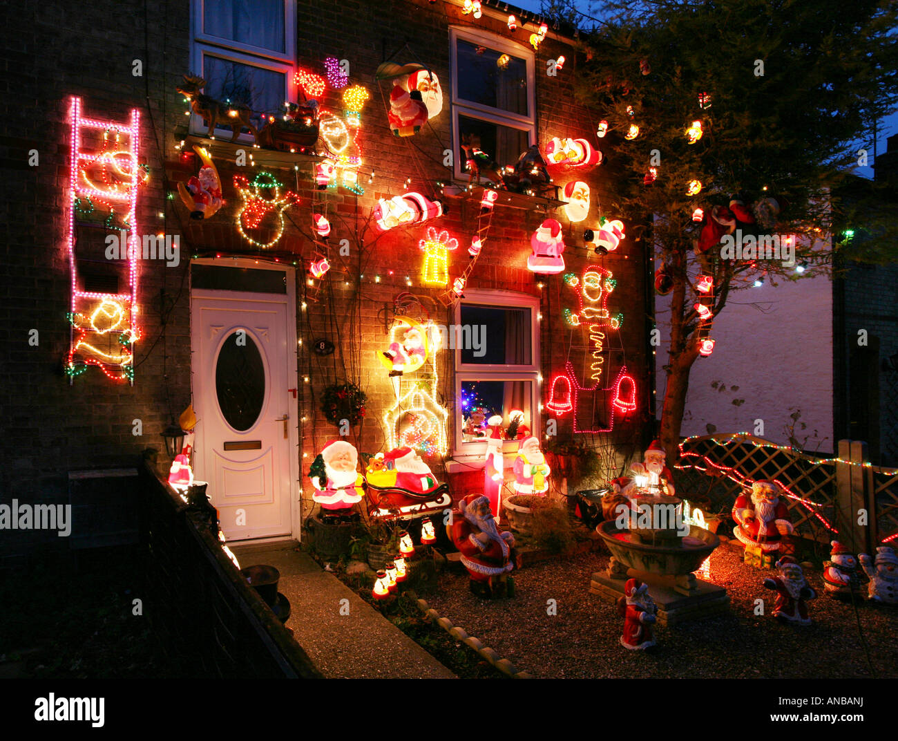 A house with an excessive amount of christmas lights, England Stock