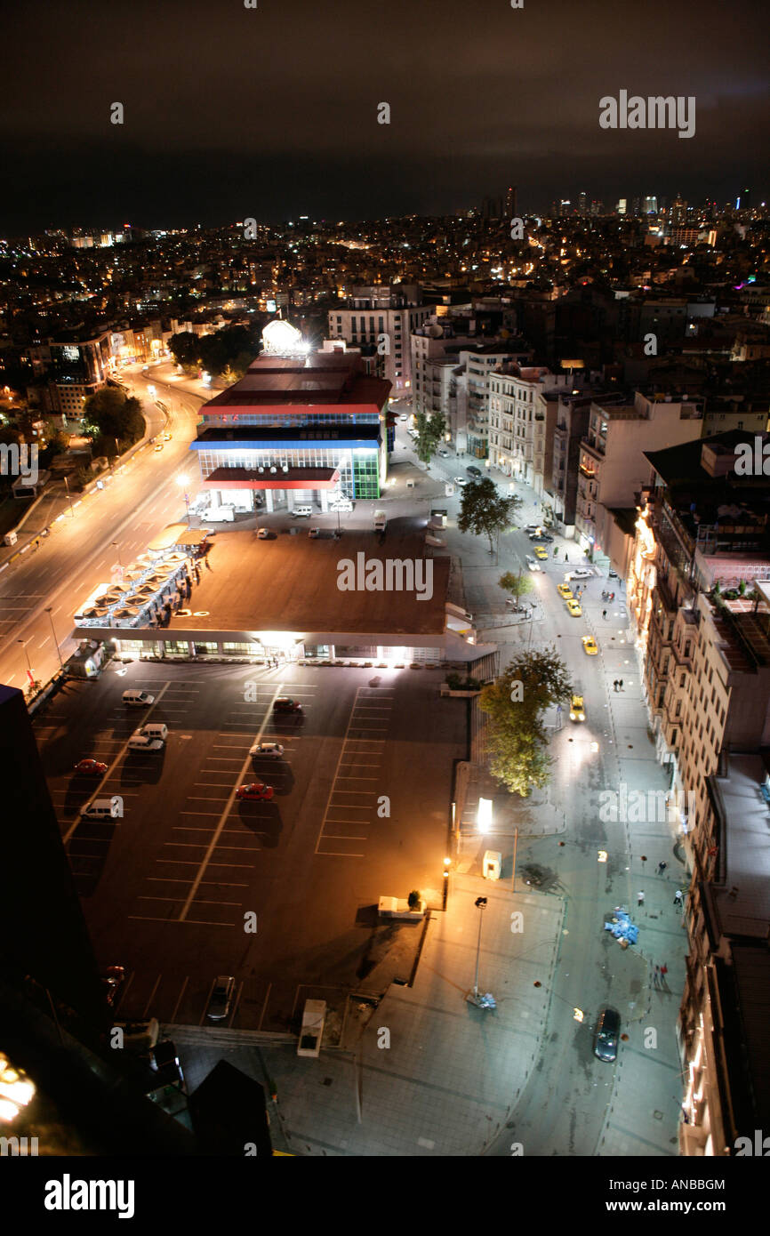 Istanbul Turkey street taken at night from above with taxis cars and people visible Stock Photo