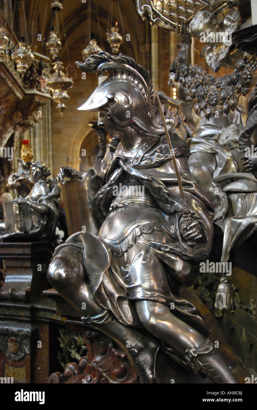 Bronze steel statue warrior soldier christian armour hires stock