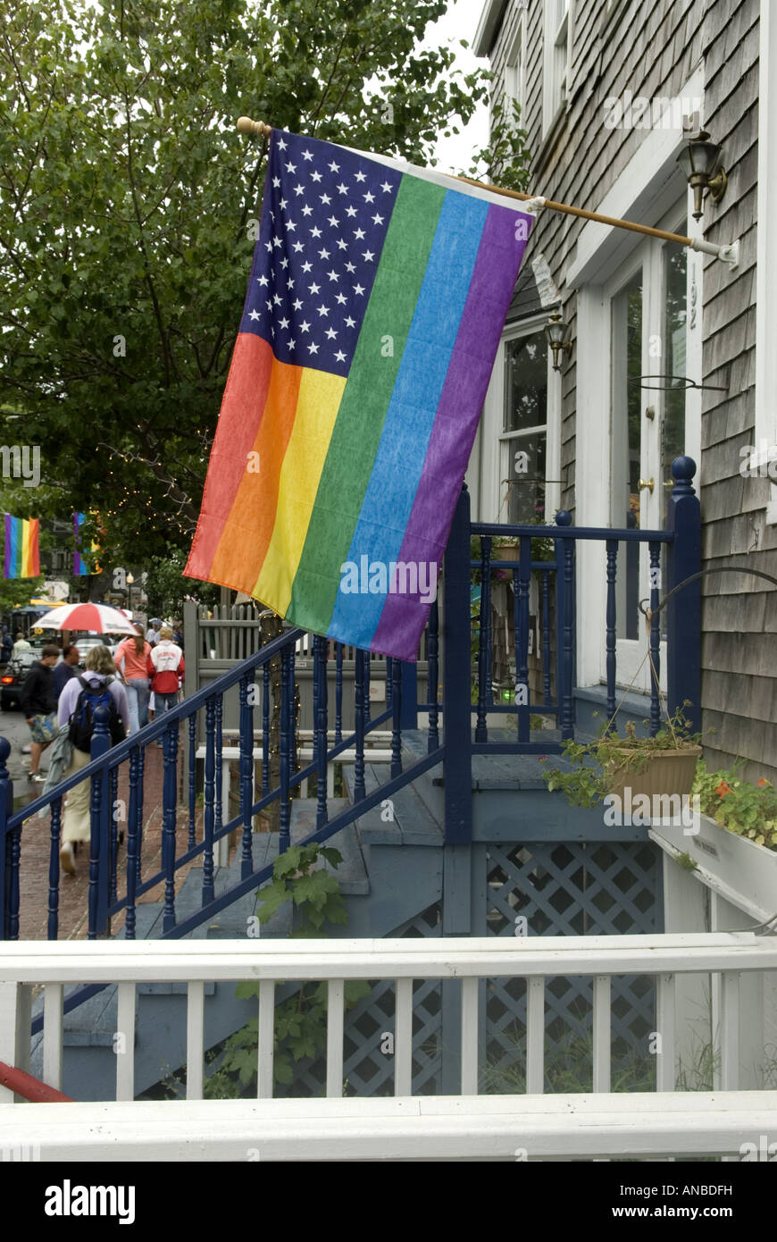 A rainbow American flag hangs from the porch of a house in Province ...