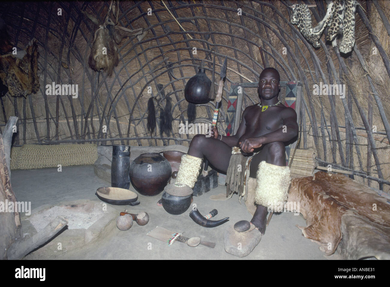 Zulu Chieftain in his traditional hut home in Stock Photo