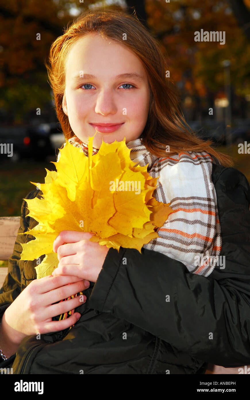 Portrait of a beautiful teenage girl with yellow fall maple leaves ...