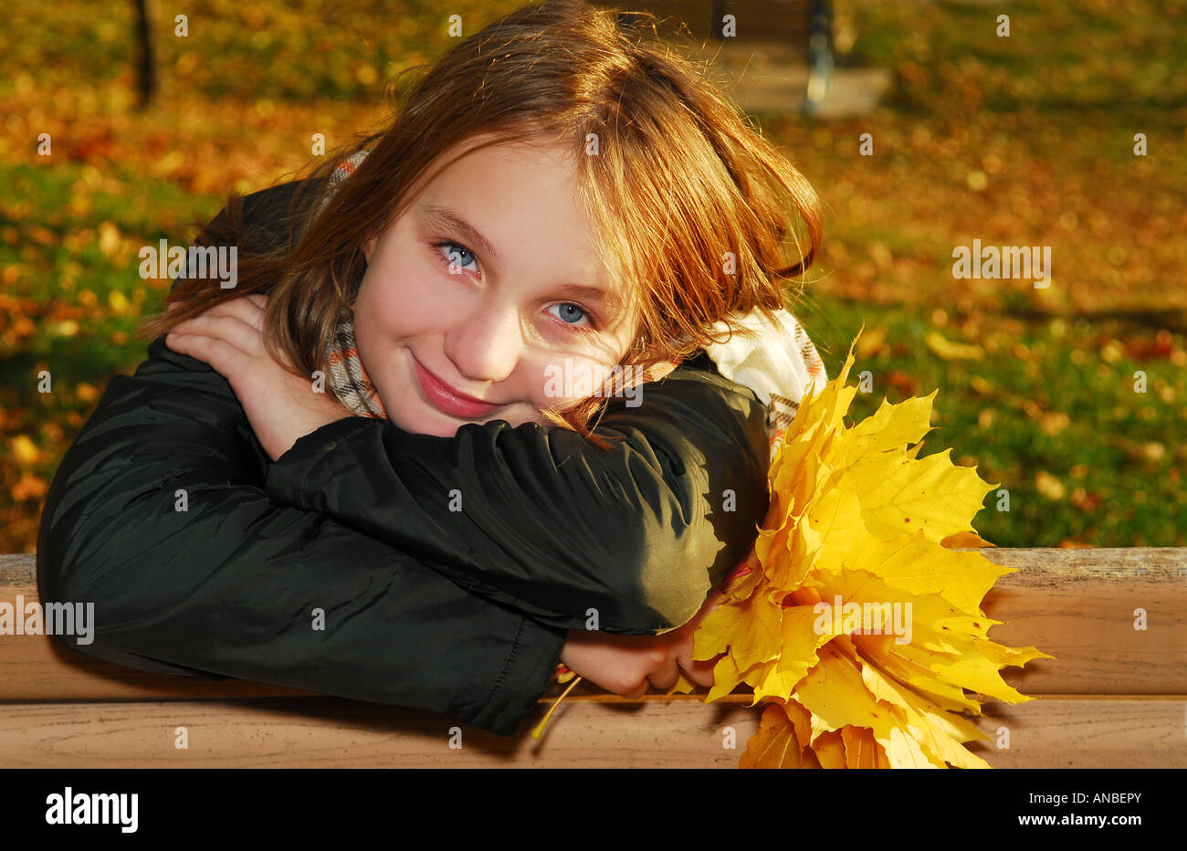 Portrait of a beautiful teenage girl with yellow fall maple leaves ...