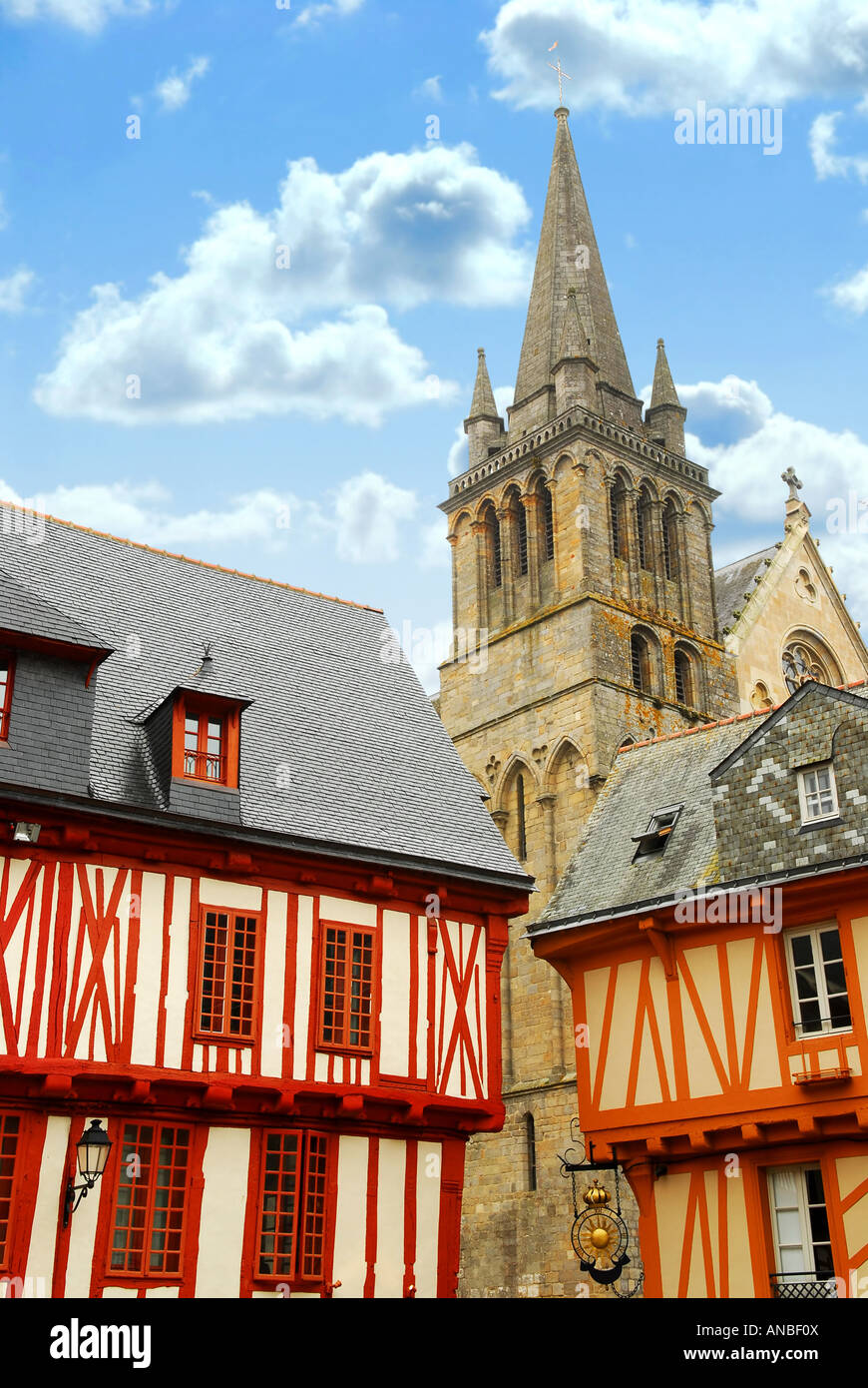 Colorful medieval houses and cathedral in Vannes Brittany France Stock