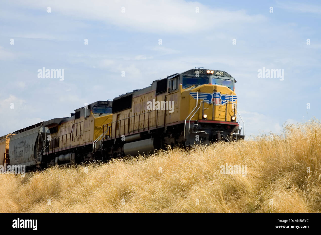 Train moves down the railroad pulling freight cars and boxcars Stock