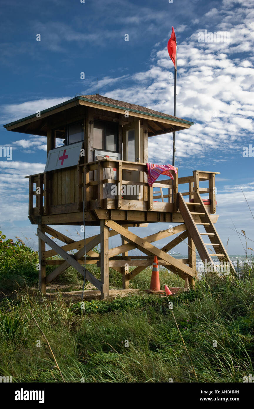lifeguard stand tower lookout post swimming safety rescue protection coastal security red flag caution warning Florida beach Stock Photo