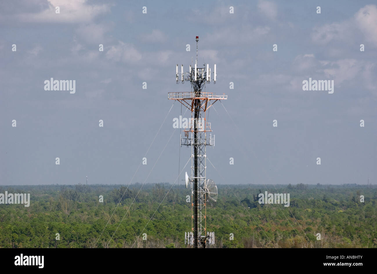 radio tower antennas communications structure support height safety light  RF microwave VHF UHF signal guyed structure Stock Photo - Alamy