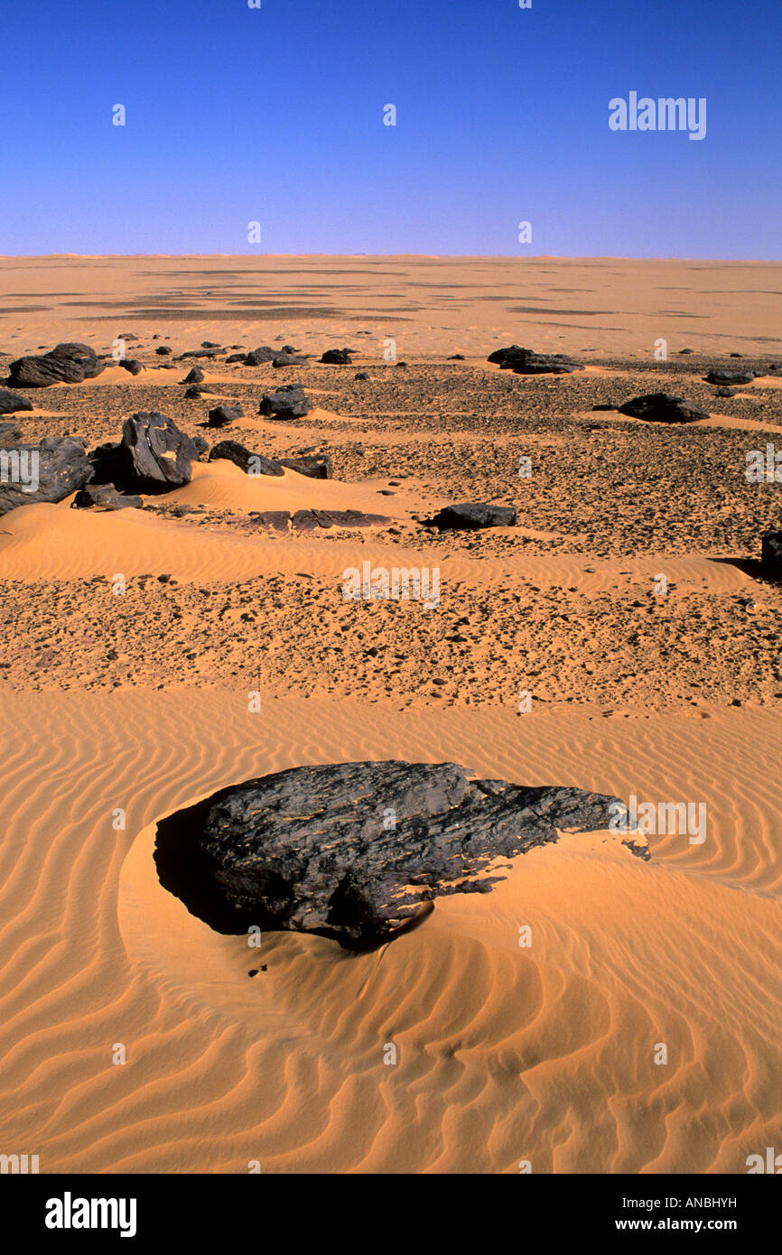 Black rocks and boulders strewn in the rippled sands of the Western Sahara Desert Stock Photo