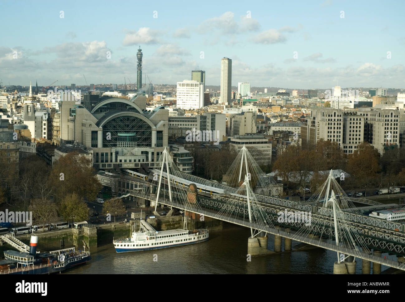Hungerford Bridge and Charing Cross Station with Post Office Tower in