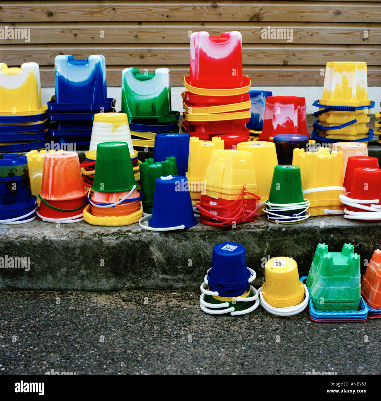 sand castle Plastic Buckets Stock Photo Alamy