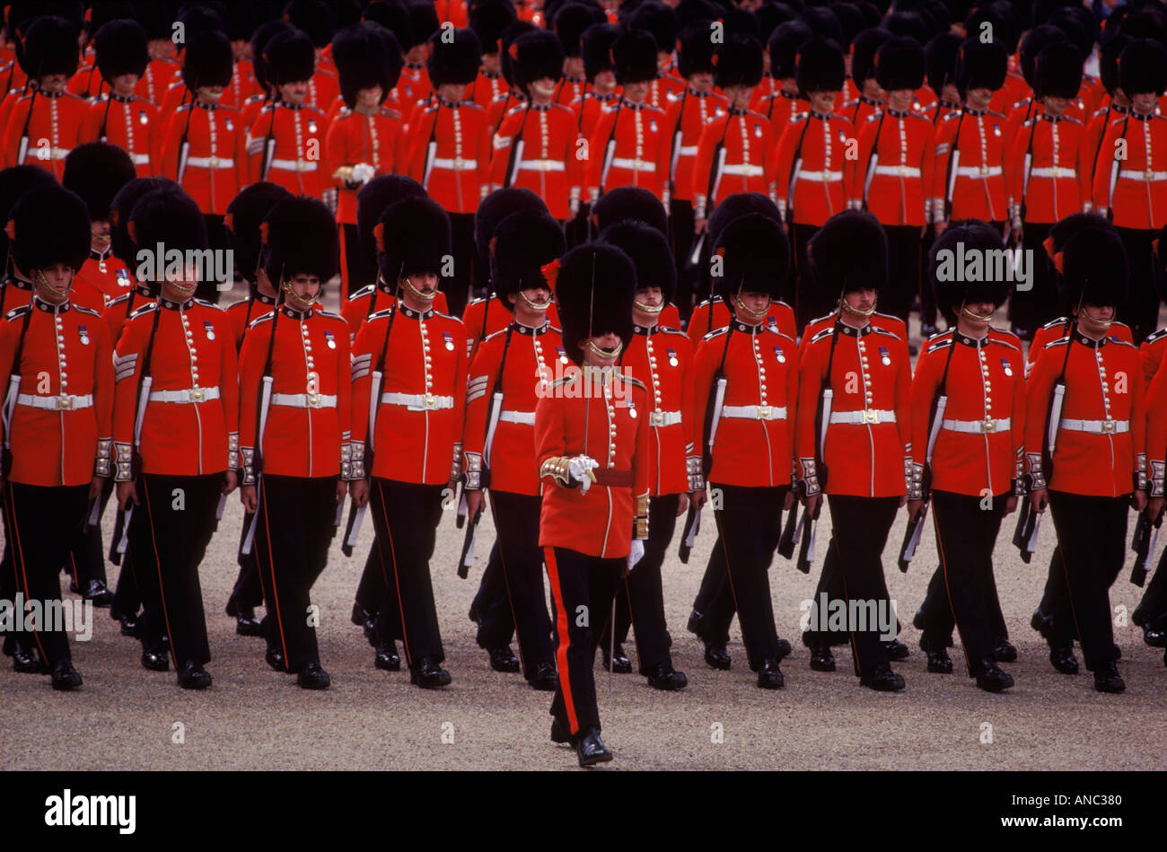 Trooping the Colour on Horse Guards Parade. British soldiers in ceremonial uniform London Uk circa June 1985. HOMER SYKES Stock Photo