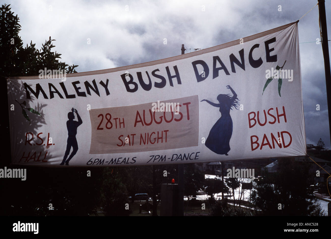 Banner advertising the Bush Dance in the town of Maleny Queensland Australia Stock Photo